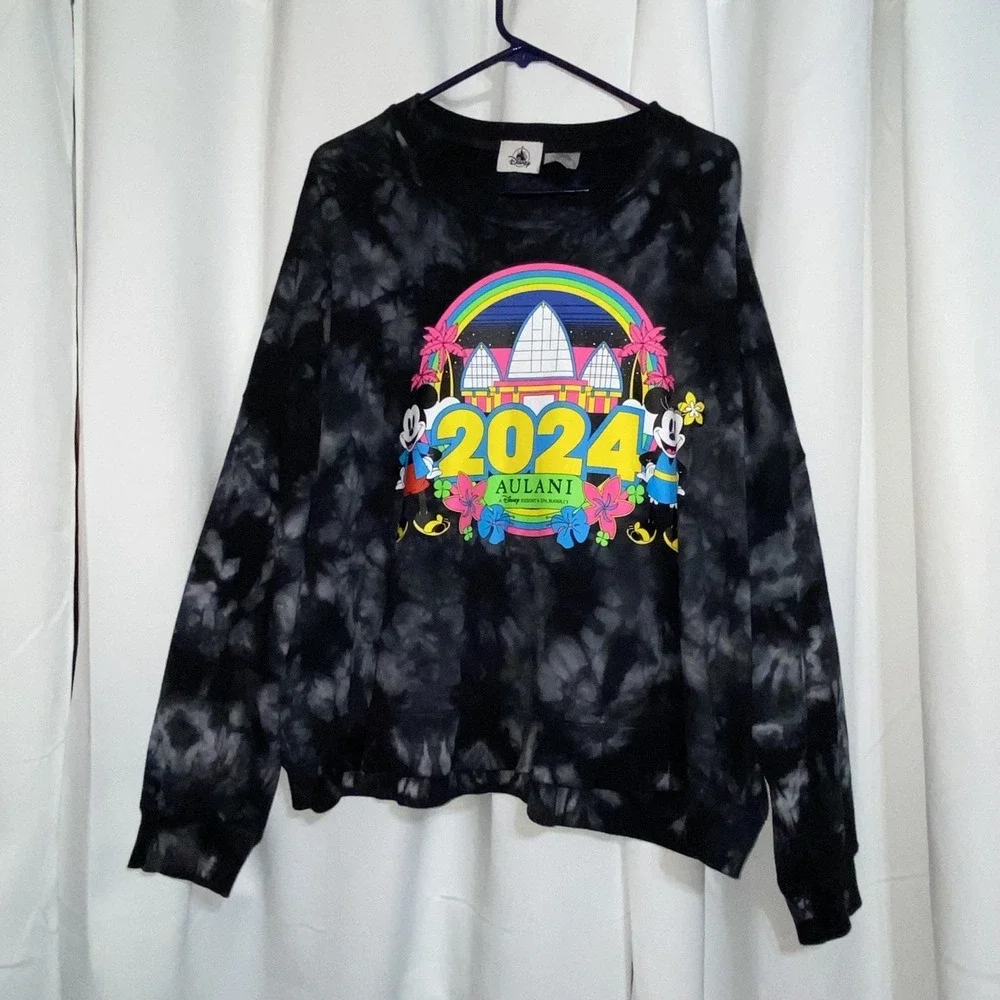 Disney Aulani Sweater Womens XL Black Tie‎ Dye Flowers Pullover Resort Hawaii